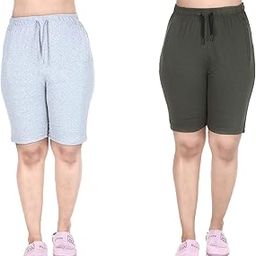 (Pack of 2 = 1 Navy Blue + 1 Green Shorts Women Ladies Girls Yoga Gym Wear Running Casual wear Lounge wear Navy Blue + Green Shorts with String nada and Zipper Pocket Both Sides-image-86