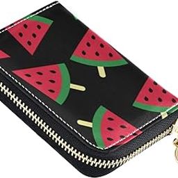 Red Watermelon Popsicle Black RFID Credit Card Wallet, Microfiber Leather Zipper Card Case Holder for Women-image-39