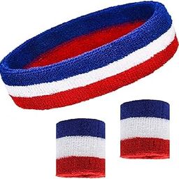 Kenz Laurenz Sweatband Set Cotton Sports Headband Terry Cloth Wristband Moisture Wicking Sweat Absorbing Head Band Athletic Exercise Basketball Wrist Sweatbands and Headbands (Red White Blue)-image-38