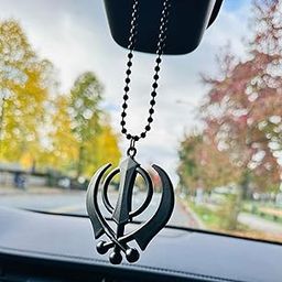 TEYRAH Matt Finish Black Khanda for Car Hanging Sikh Punjabi Rear View Mirror Car Hanging Punjabi Car Dashboard Accessory 3.2 inch Wide with Black Beads Chain Loop Made of Stainless Steel-image-65