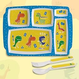 Cello Kidzbee Pentameal Dino Party Melamine Meal Set for Kids | BPA Free and Food-Grade Material | Attractive and Kidfriendly Designs | Break Resistant & Durable Set | Set of 3, Yellow-picture-31