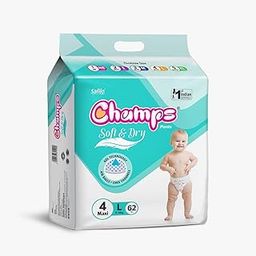 Champs Cotton Elastic Baby Diaper - Large Size, 62 Pcs | 9-14Kg | High Absorb Core Upto 12 Hrs Leakage Protection | Breathable, Soft and Dry | Anti-Rash and Anti-Bacterial Pants for Babies-87
