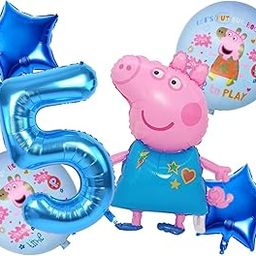 FI - FLICK IN 6 pcs Peppa Birthday Decoration Theme Number 5 Blue Foil Balloon 5th Birthday Decoration Items Cartoon Balloons for Birthday Decoration Set (Pack of 6, Multicolor)-14