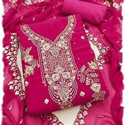 Women's Faux Georgette Unstitched Suit with Embroidery Zari and Zarkan Diamond Work-image-4