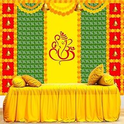 Party Propz Backdrop for Pooja - 1Pc (8ft*5ft) Haldi Decoration Items for Home, Traditional Cloth Banner Set-13