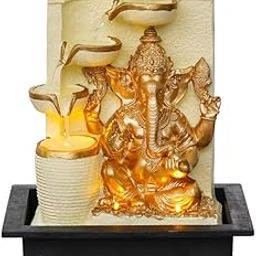 CHRONIKLE Polyresin White Golden Ganesha Idol Tabletop Indoor 4 Diya Steps Water Fountain for Home Decor with Yellow LED Light & Speed Controller Pump (Size: 39 x 29.5 x 22CM | Weight: 2195grm)-18