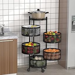 Kuber Industries Storage Rack | 5-Layer Round Multipurpose Storage Trolley with Wheels | Rotating Vegetable Kitchen Rack | Kitchen Cabinet Spice Rack | Metal Fruit Storage Rack | Black-10