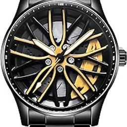 Car Alloy Wheel Watch For Men, Gyro Wheel Rolling Watch For Men Black Steel Chain And Gold Dial, 30M Waterproof Round Metal Rim Rotating Watches, Analog Quartz RS7 Spinning Car Watches For Boys-image-13
