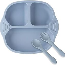 SNOWIE SOFT Baby Suction Plates For Baby Feeding With 4 Strong Suction Cups, Silicone Toddler Plates With Spoon & Fork For Kids To Feed Themselves, Dish Washer & Micro-Wave Oven Safe, Solid-4