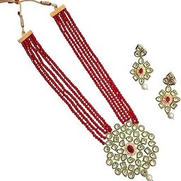 Sweksha Creations Layered Gold Plated Pearl Ad Kundan Pendant Gold Tone Kundan Inspired Long Rani Haar Meena Work Necklace Set with Earrings-image-23