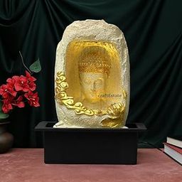 CraftEstate® Premium Tabletop Gold Brown Meditating Buddha Sitting in Cave Style Indoor Front Curtain Waterfall Fountain for Home Decor with LED Light, Speed Controller Pump (White)-image-37