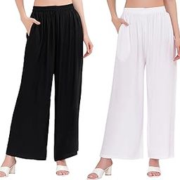 Palazzo Pants for Women Cotton Rayon Elasticated Flared Wide Leg Regular Fit M to 6XL Pack of 2-image-46