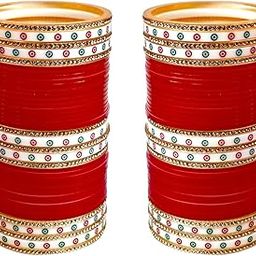 Bridal Bangle Set Dhanteras/Diwali/Bhai Dooj Collection Wedding Punjabi chuda Designer chura Non-Precious Metal CZ Stone Red Color choora Set for Women (792-M1C1-LEENA-R)-29