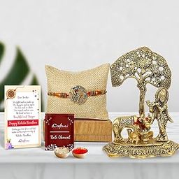 eCraftIndia Designer Peacock Rakhi, Lord Krishna Idol Playing Flute Under Tree with Cow and Calf Showpiece, Roli Chawal Pack, Raksha Bandhan Greeting Card - Rakhi Gift Hamper for Brother, Bhaiya, Bhai-image-30