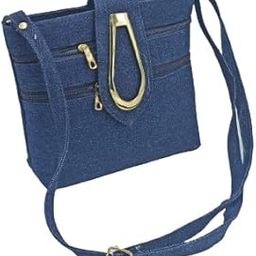 Girl's Denim Golden Clip Lock Multi Pocket Jeans Sling Side Bag with Long Belt (Blue)-picture-2