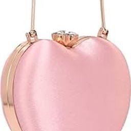 Heart-Shaped Evening Clutch Bag, Pink Satin with Rose Gold Frame, 18 x 9 x 13 cm, Chain Strap, Crystal Flower Clasp-image-92