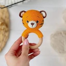 SYCAMORE EAST Baby Rattle for Newborn, Crochet Bunny Rattle Toy Natural Wool, Music Shaker Rattle for Hand Grips, Boy Girl First Rattle Gift Tiger 1 PC-image-93