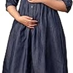 Women's Denim Pure Cotton Openable Buttons Fit and Flare Maternity Kurta/Feeding Kurta/Buttons Maternity Dress-image-73