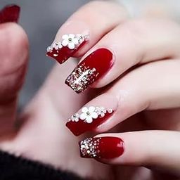 The Pink Truck Artificial Reusable Nails in Maroon With Glitter And Flower Design (Set of 24)-0