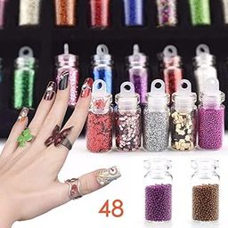 Fameza 12 �Bottles Glass 3D Nail Art Set Decoration Tool, Glitter Powder Rhinestone Sequins (Mixed Colors)-image-5
