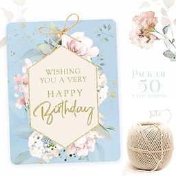 Happy Birthday Gift Tags. 50 Tags in a Beautiful Watercolour Floral Design. with Jute String. Attach to Gifts, Cake Boxes.-21