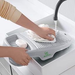 WEARFINE Wash Board Anti-Skid Laundry Water Saving Washboard Scrubbing Pad for Kid Clothes Shirts Hand Towels for Home with Soap Holder (Peach, 1 pcs) (Gray)-image-90