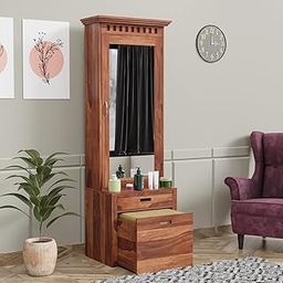 Sheesham Solid Wood Dressing Table with Mirror Storage || Wood Dressing Table with Stools & Shelve || Makeup Table Vanity Bedroom Furniture || Natural Finish-image-60