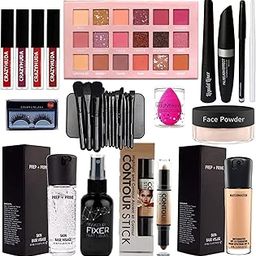 CRAZYHUDA Combo Lipstick 4 Pcs, Eyeshadow, Kajal Liner Mascara, White Kajal, Makeup Blander, Loose Face Powder, Brush Box, Eyelashes, Primer, Foundation, 2 In 1 Contour Stick, Fixer, Pack Of 17-49
