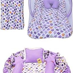Fareto Baby Sleeping Essential Cotton Reversible Nest, Mattress with Net, Carry Bag (0-6 Months, Total Items: 9, Purple Apple).-image-4
