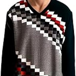 Mens Checkered Angora Wool Knitted V-Neck Sweater, Black, Grey, Red, White Full Sleeve Jersey Sweater/Pullover Warm Winter Wear for Men (in, Alpha, XL, Regular, Black)-image-63