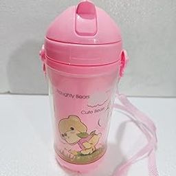 PUTHAK Cute Water Bottles with Straw for Kids Girls Boys, BPA FREE Leak Proof Flip Top Lid & Silicone Sipper & Soft Carry Neck Strap, 500ml (Cartoon Printed) (Pink)-29