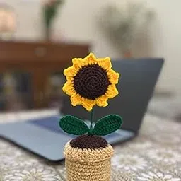 Craftycrook Handmade Crochet Sunflower Flower Pot Completed Hand Woven Sunflowers Daisy Knitted Potted Plants Knitted Flower for Car Dash Decoration, Table Decoration, Home Decoration Pack of 1-image-48