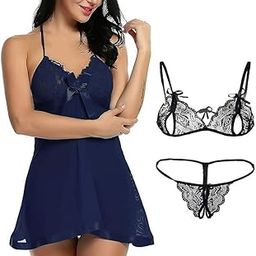 G Gerry Weber Multi Pack Women's Net Above Knee Babydoll Nightwear Lace Bra Panty Lingerie Set/Sleepwear hot and Sexy Honeymoon & Anniversary Dress/Sexy Dresses for Girls- Free Size Dark Blue-image-58