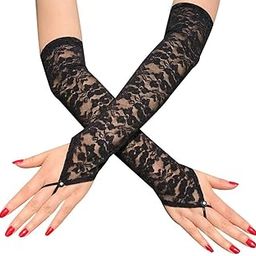 CALANDIS® Women Lace Floral Mesh Gloves Ladies Costume Party Fingerless Long Mittens Black-image-25