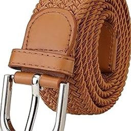 Elastic Woven Belt, Leather Trim, Silver Buckle, Brown, Hole-Free Design-image-83