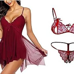 SoSh Women Love Babydoll Nightwear Lingerie Swimming Party Swimwear Beachwear Sheer Honeymoon Valentine Special Night Wedding Lace Free Size With G String-image-30