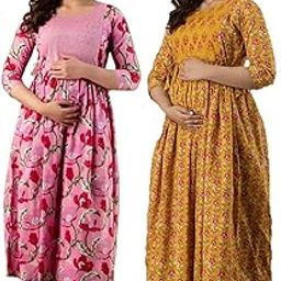 Women's Cotton Printed Maternity Gown Feeding Nighty A-line Maternity Dress Kurti Gown for Women (Po2-Gown-003)-picture-17