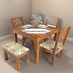 HANDWOOD FURNITURE Sheesham Wood Dining Table(34x34) with 3 Chairs & 1 Bench | 4 Seater Dining Set | Wooden Dining Table with Chair - Dining Room Furniture | Honey Finish with Cushions-image-89