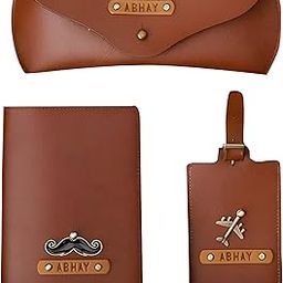 Personalised Gift Hamper for Couple with PU Leather Customize Passport Cover, Luggage Tag & Eyewear Case | Gift Combo for Wife and Husband with Personalized Name & Charms (Tan)-picture-50