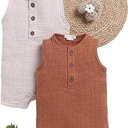 Cot & Candy Baby Organic Muslin Half Romper Pack Of 2-Oatmeal + Ginger-image-63