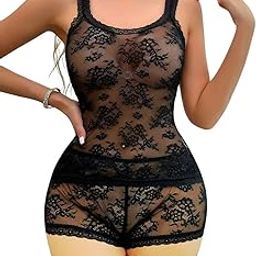 LUXZII Women's Black Floral Lace Babydoll Lingerie Set Sexy Sheer Mesh Bodysuit 2-Piece Sleepwear Sexy Top & Shorts Set for Girlfriend Wife Valentine's Day Honeymoon Anniversary-image-94