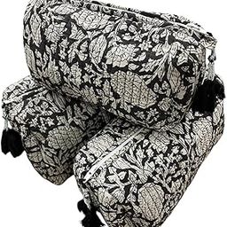 Anokhi Textiles Handblock Cotton Cosmetic Pouch Set of 3 – Travel Organizer Bags | Waterproof, Machine Washable | Makeup, Jewellery, Toiletry & Stationery Storage (Black)-image-96