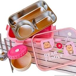 Urban E-Connect Bear Family Kawaii Stainless Steel Leakage Proof Lunch Box with Spoon & chopstiks with 3 Compartment Durable Perfect Size for Meal, BPA-Free 800 ML-image-7