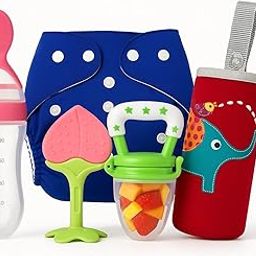Joy Buzz Baby Cloth Resuable Diaper With 1 insert , Food and Fruit Feeder & Silicone Fruit Shape Stand Teether With Feeding Bottle Cover Sleeves Suitable For 120ml 220ml 240ml Multicolor Pack of 5 (MULTICOLOR 4)-image-91