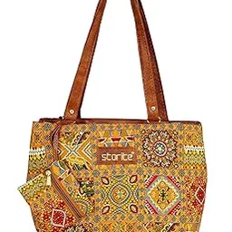 storite Women's Tote Bag With Leather Handles & Embroidery Printed Handbag With Zip Pockets, Shoulder Tote Bag And Handbag For Office And College (25.5x9.5x24cm) Yellow-picture-4