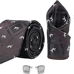 Men's Check Micro Wooven Silk Necktie Gift Set With Pocket Square Cufflinks & Brooch Pin Tie for Men Formal Tie Set with Box (Pack of 4) (AX11_6, Brown)-picture-45