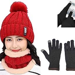 Women's 3 Winter Products Combo | Snow Proof, Knitted, Inside Fur, Warm Woolen Cap & Neck warmer/Scarf for Winters| Woolen Mobile Touch Gloves-image-91