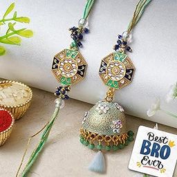 eCraftIndia Set of 2 Floral Designer Rakhis, Best Bro Ever Fridge Magnet with Roli Chawal Pack - Rakhis for Brother, Bhabhi, Kids-image-48