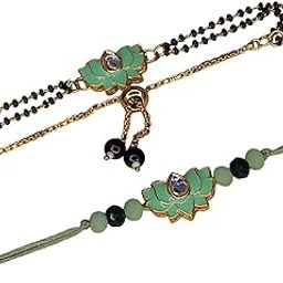 Elegant Traditional Lotus Kamal Raakhi Combo Set for Men and Women/brother/sister/bhabhi Kundan Stone combo set (Black/Green)-19