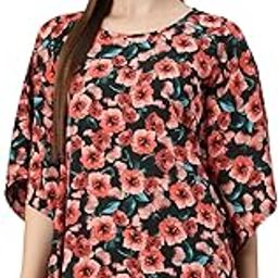 Multi Coloured Floral Print Kimono Sleeves Crepe Kaftan Longline Top-picture-38
